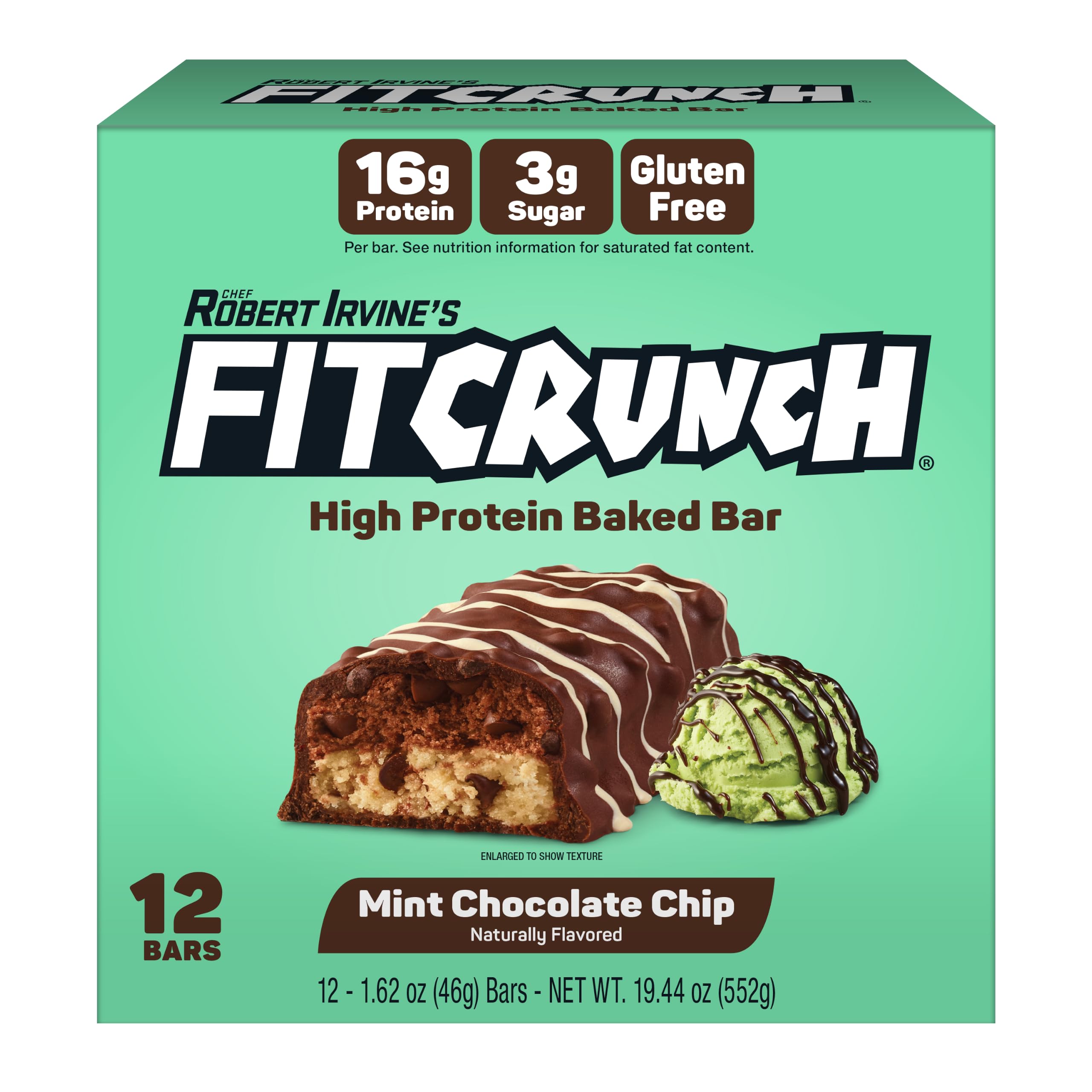 FitCrunch front packaging showing mint chocolate chip flavor and nutrition benefits