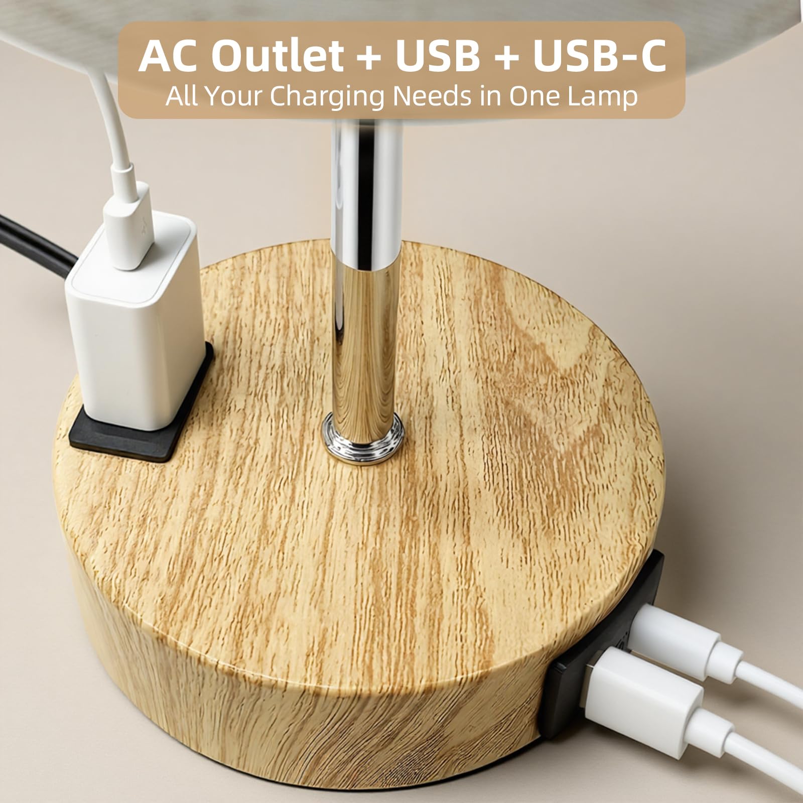 Fitfull close-up of base with AC outlet USB-A and USB-C for decluttering