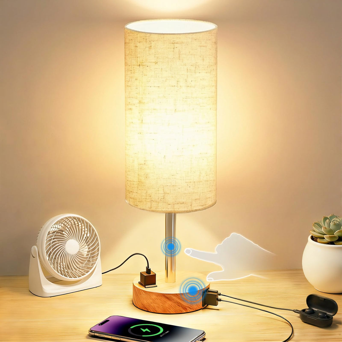 Fitfull front view of lamp showing sleek profile and charging convenience