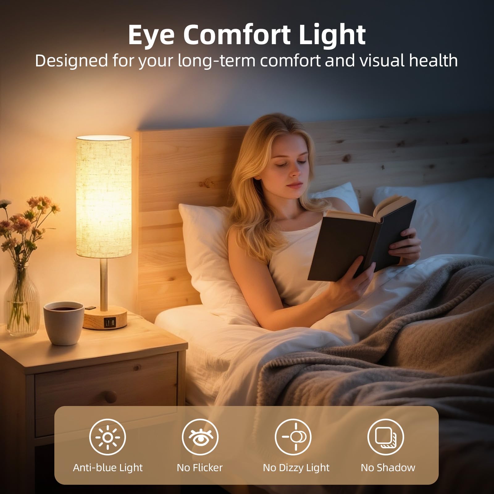 Fitfull lamp on nightstand in bedroom, creating cozy convenient setup