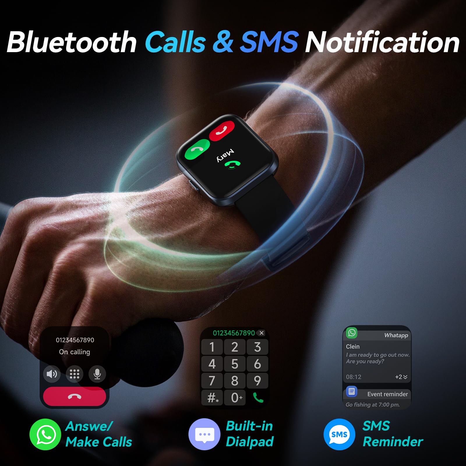 Fitpolo display closeup of 1.8-inch HD screen for clear, responsive touchscreen control