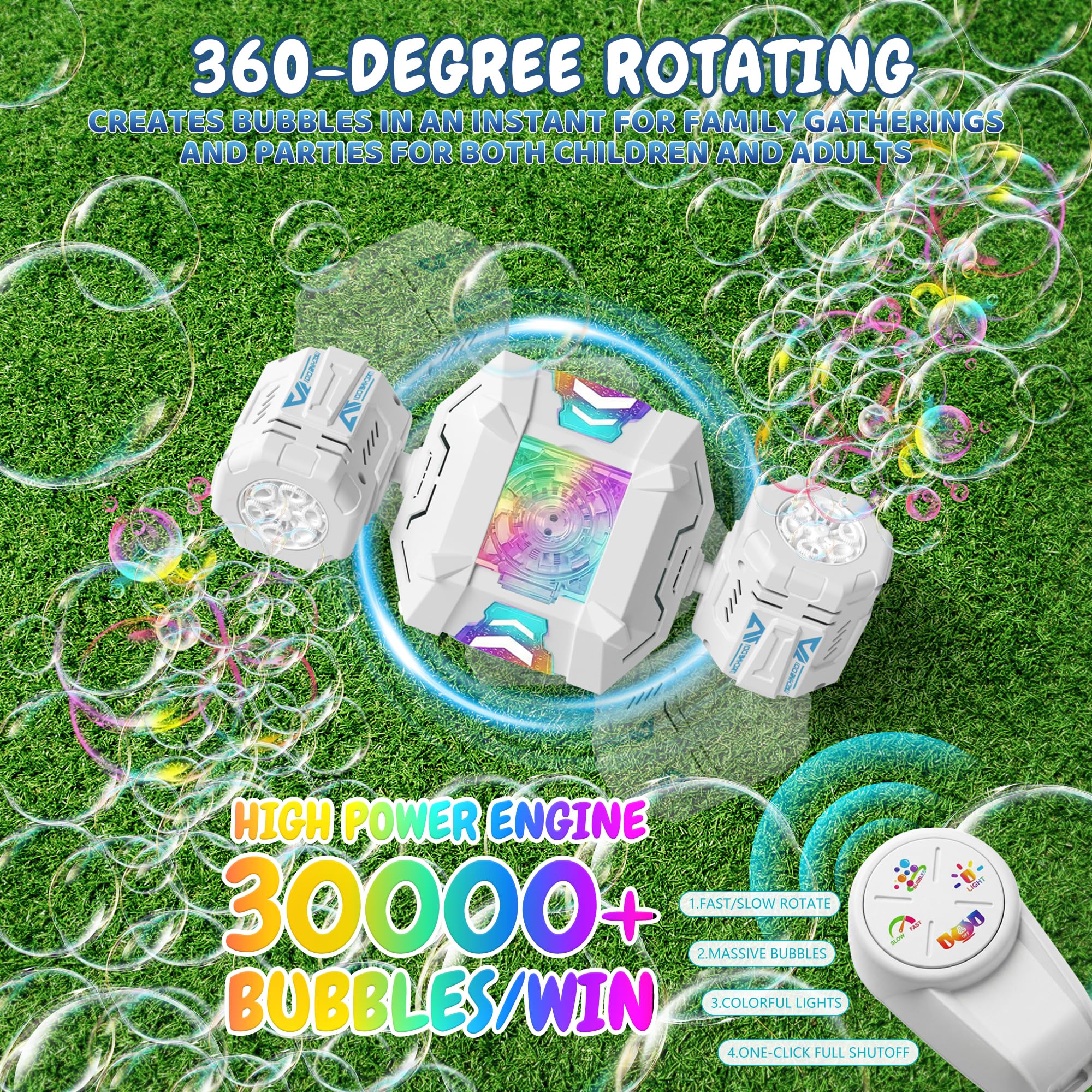 Fitrobust bubble machine top angle highlighting dual nozzles and durable design