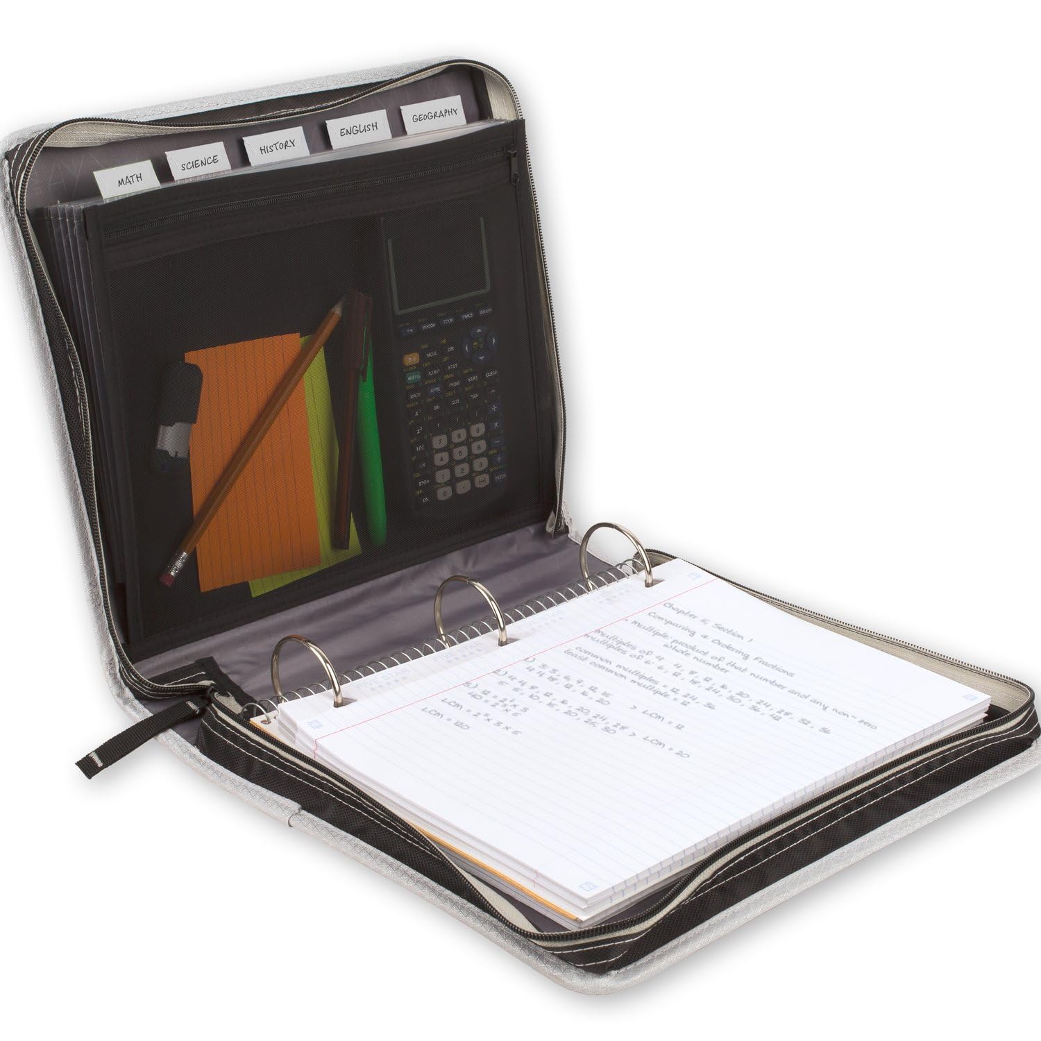 Five Star binder gusseted interior pocket with hook-and-loop securing notebooks
