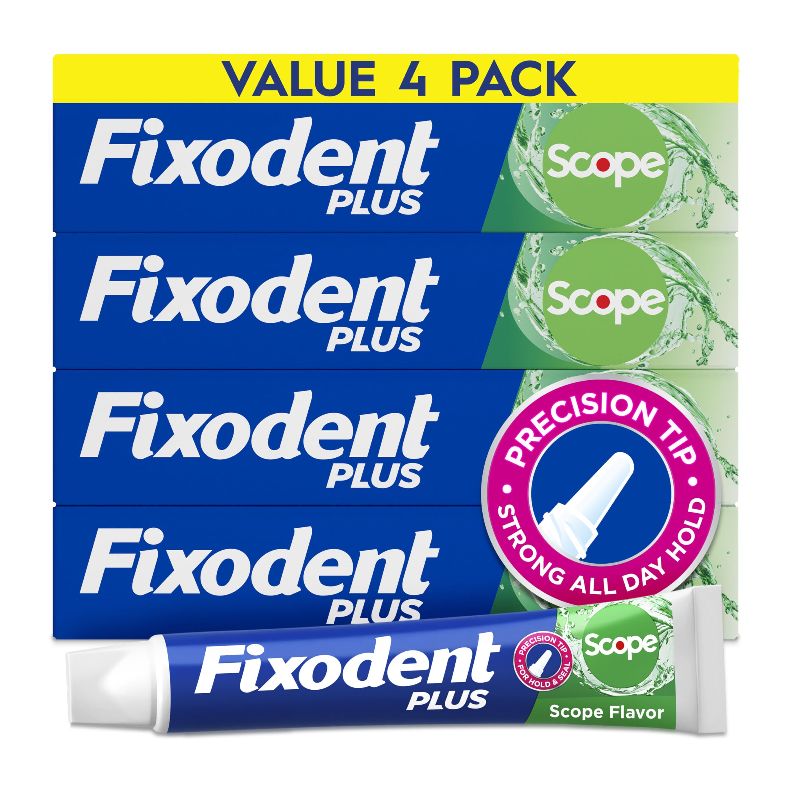 Fixodent front packaging showing four mint tubes and product benefits