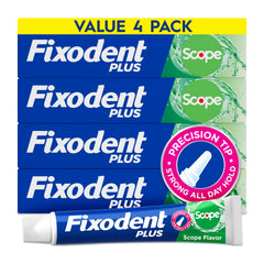 Fixodent front packaging showing four mint tubes and product benefits