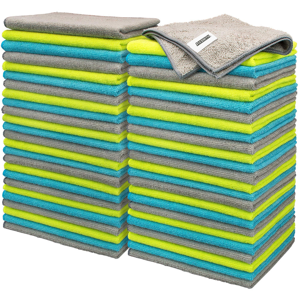 FIXSMITH front pack of 50 microfiber cloths showing quantity and colors for value