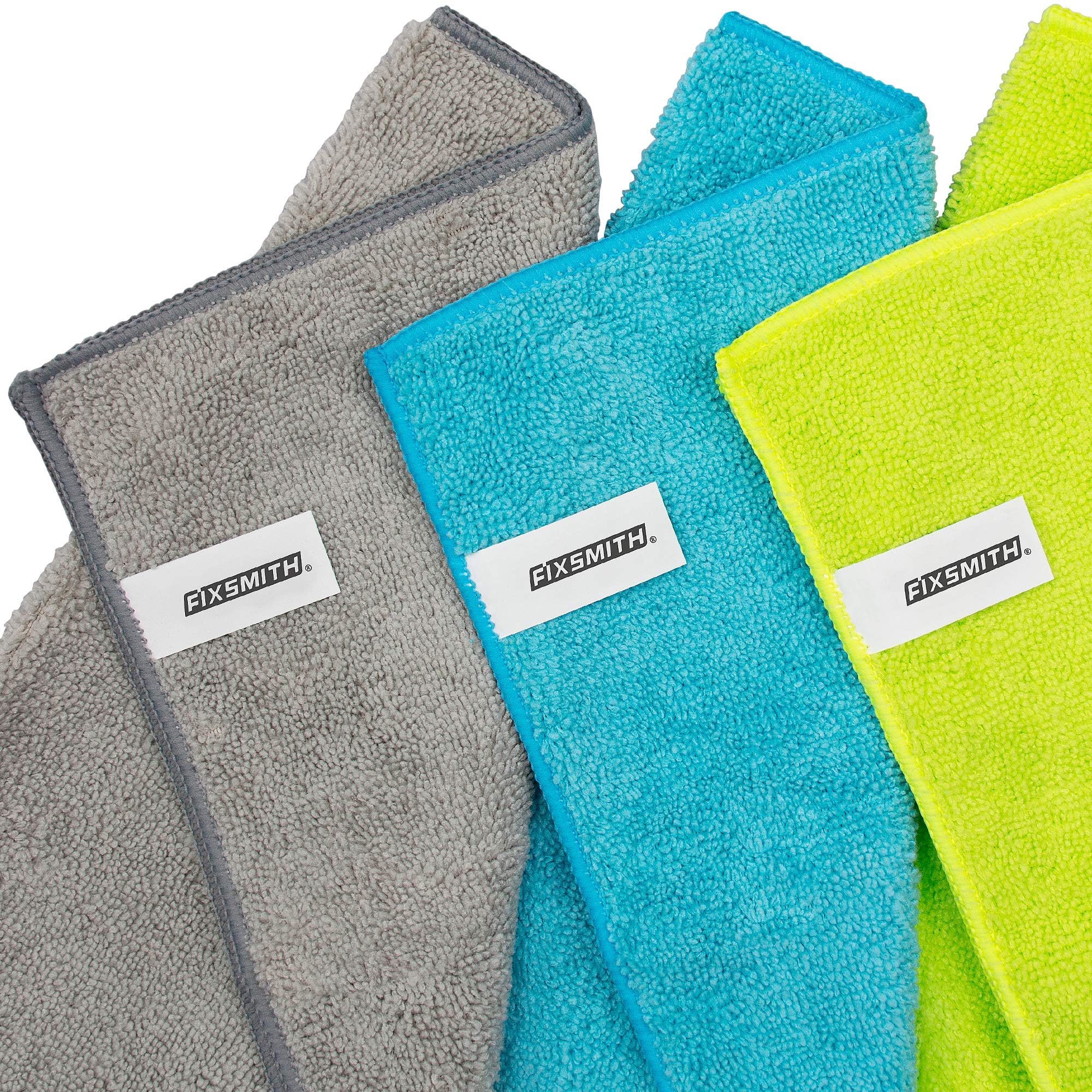 FIXSMITH three-color cloths laid out for color-coded cleaning organization