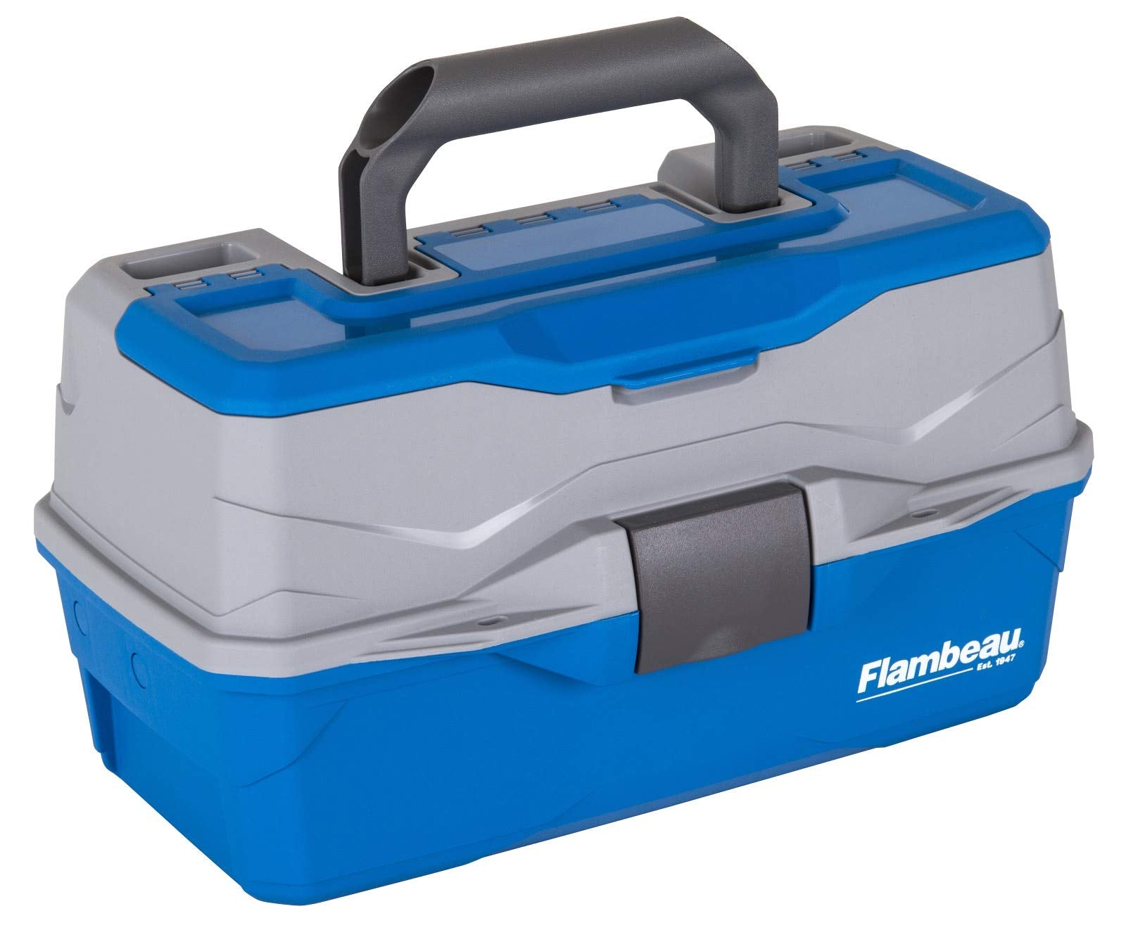 Flambeau front view showing blue and gray box and organized compartments for portability