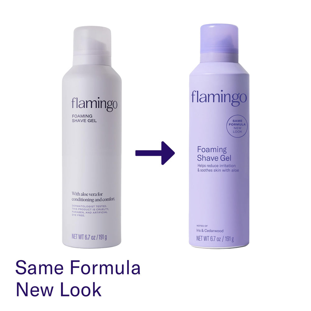 Flamingo can label detail highlighting ingredients and dermatologist-tested benefit