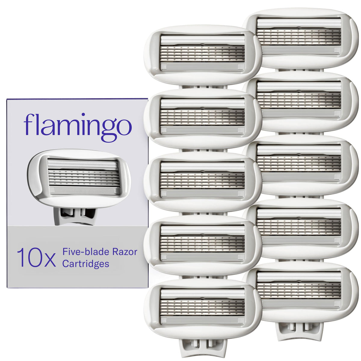 Flamingo front packaging showing 10 refill cartridges and value