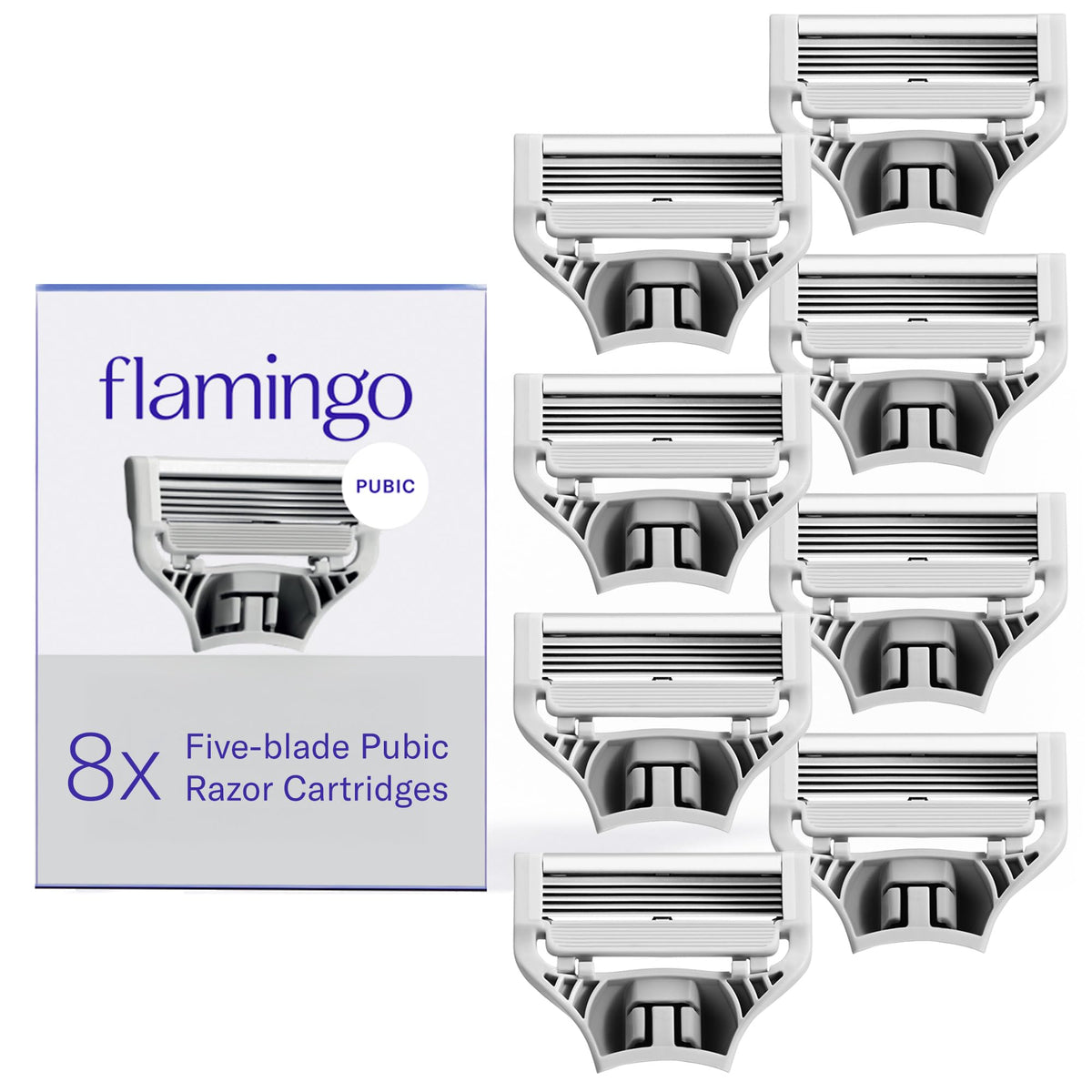 Flamingo front packaging showing eight refill cartridges and easy replacement
