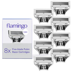 Flamingo front packaging showing eight refill cartridges and easy replacement