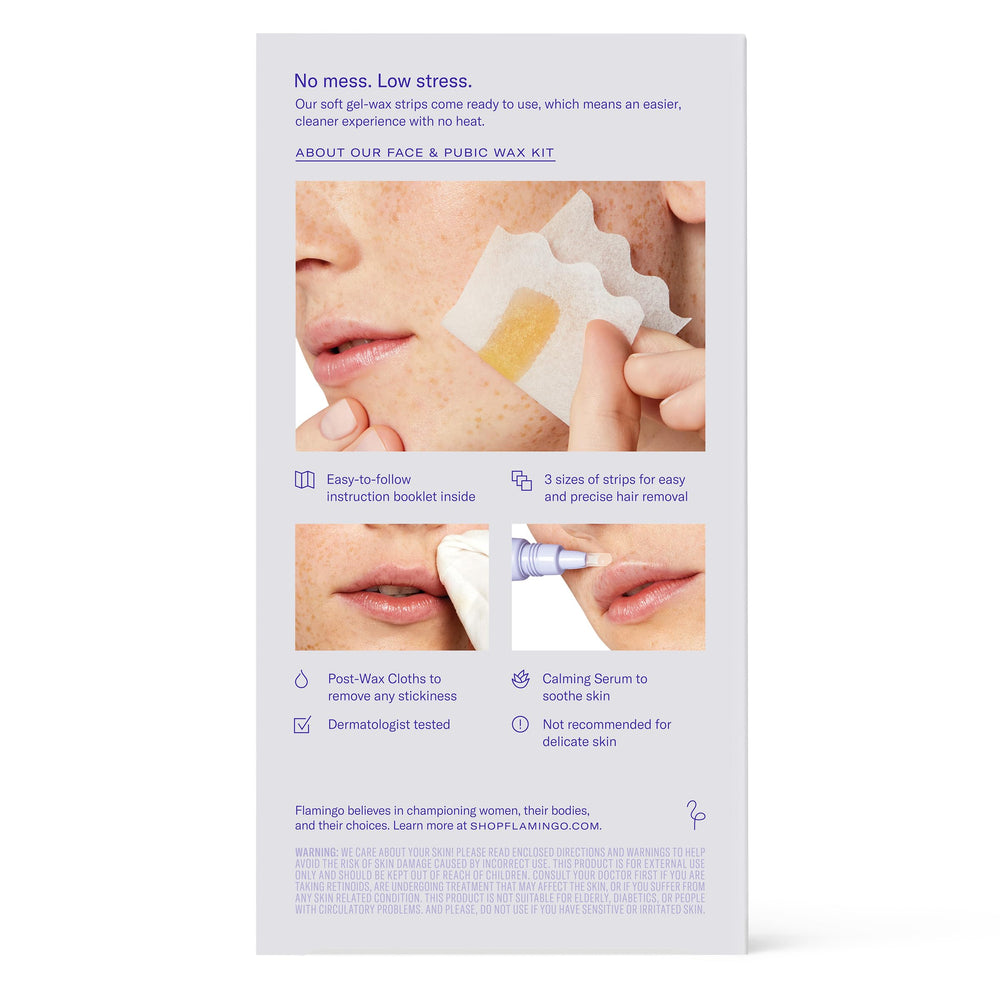 Flat-lay of Flamingo kit contents showing strips, cloths, serum