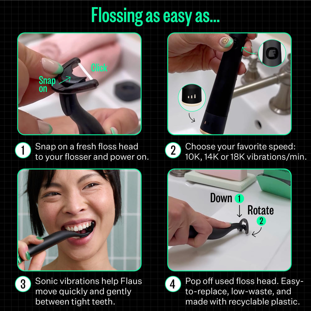 Flaus next to toothbrush indicating compact size and fast daily flossing benefit