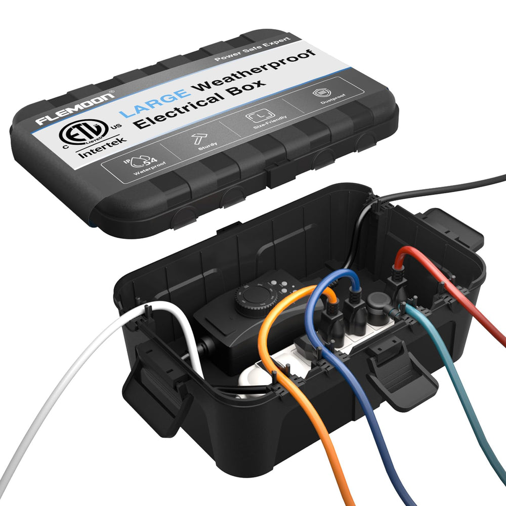 Flemoon front view of black weatherproof electrical box showing secure closure and benefits