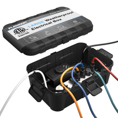 Flemoon front view of black weatherproof electrical box showing secure closure and benefits