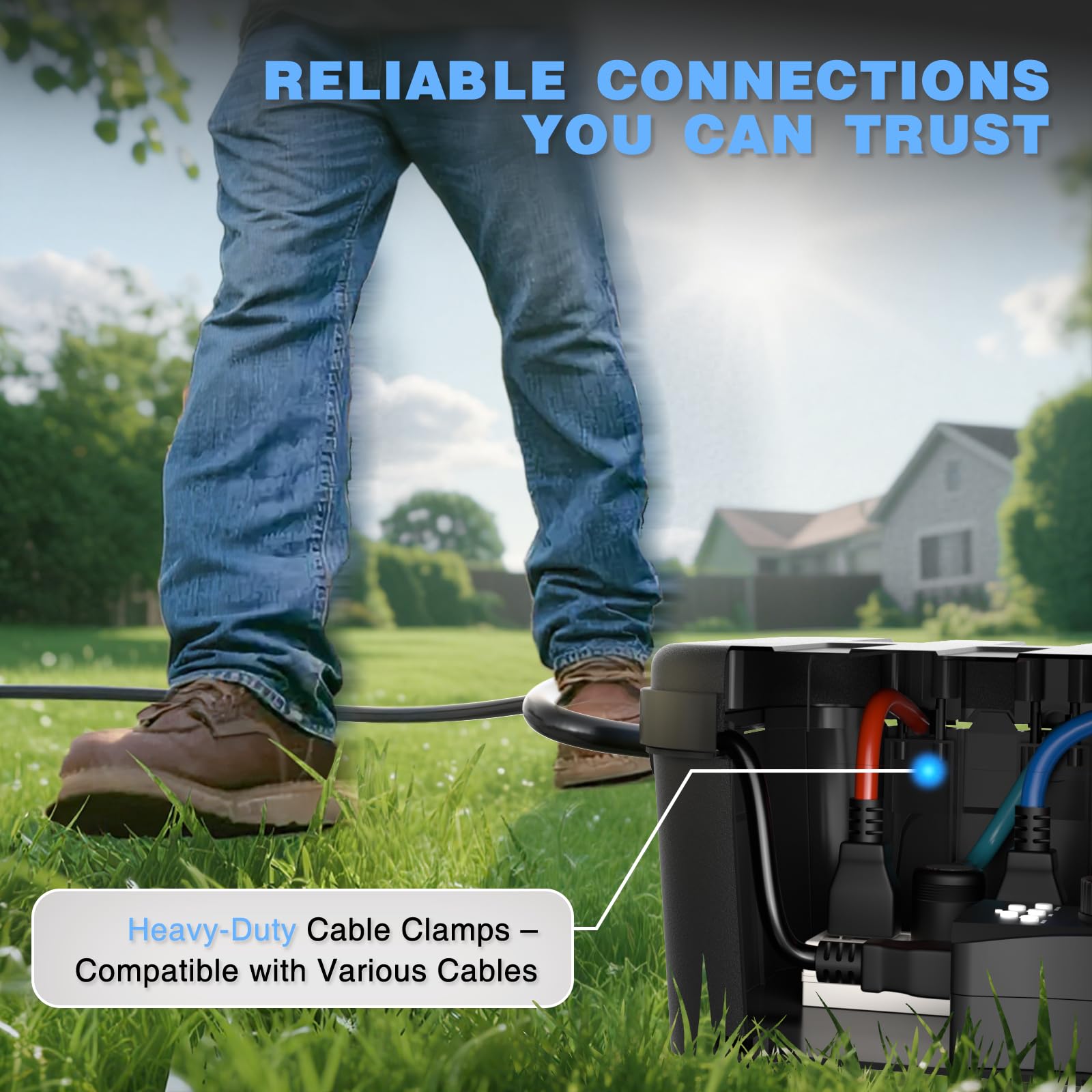 Flemoon in a backyard holiday lights setup showing seasonal use and tidy cabling benefit