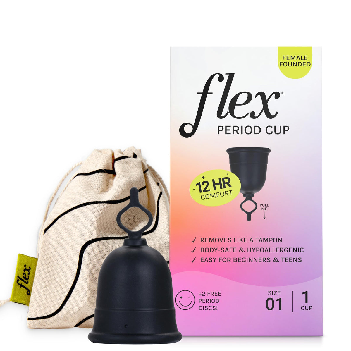 FLEX cup front view showing size 01 and beginner-friendly shape for comfort