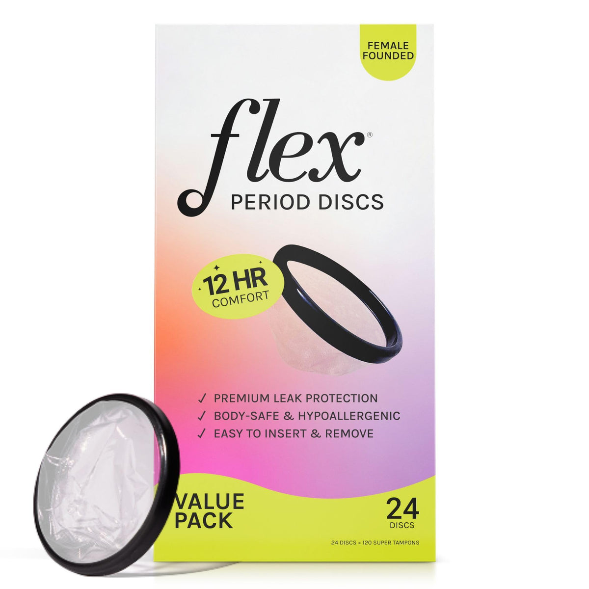 FLEX front packaging showing 24-count and benefits for convenience
