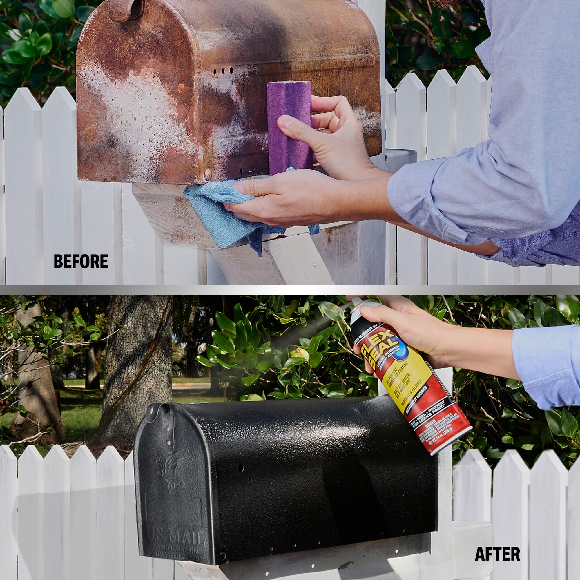 Flex Seal applied to a gutter edge showing brand sealing and preventing water leaks