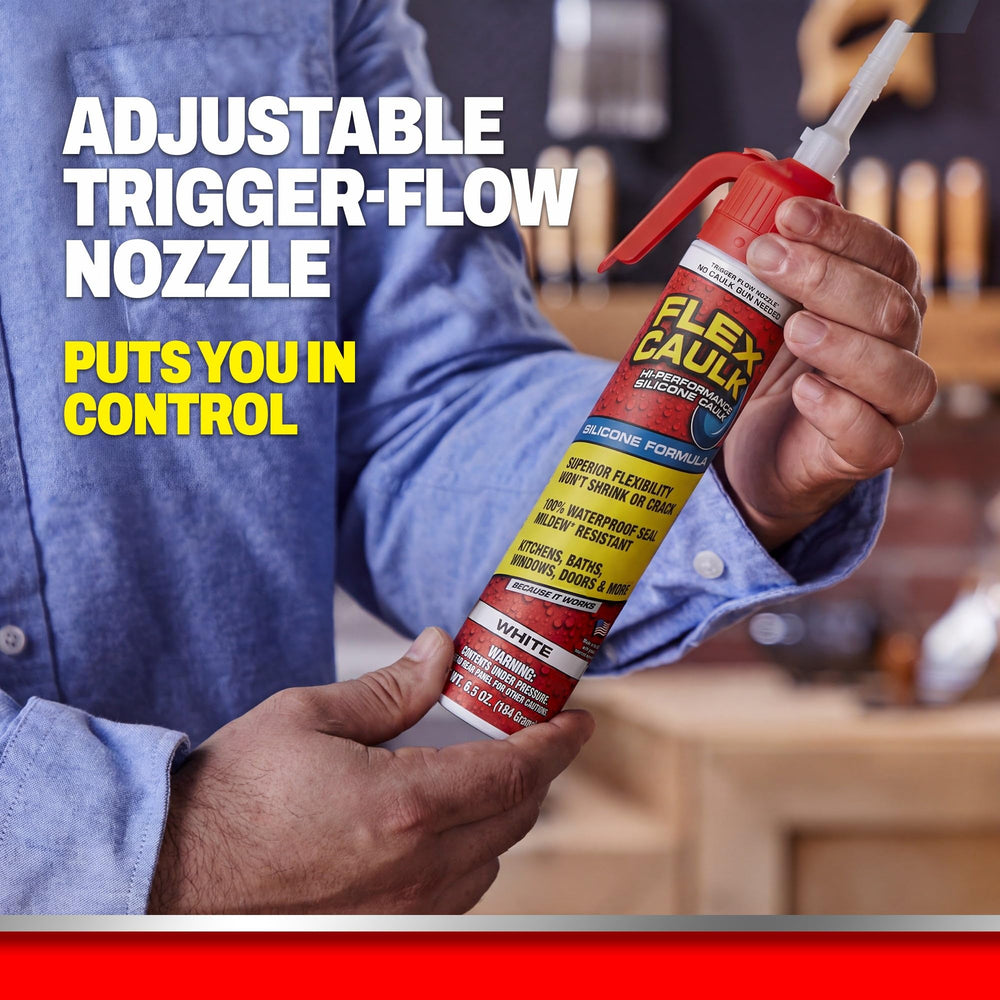 Flex Seal applying a white bead from cartridge to joint, demonstrating easy waterproof sealing