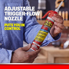 Flex Seal applying a white bead from cartridge to joint, demonstrating easy waterproof sealing