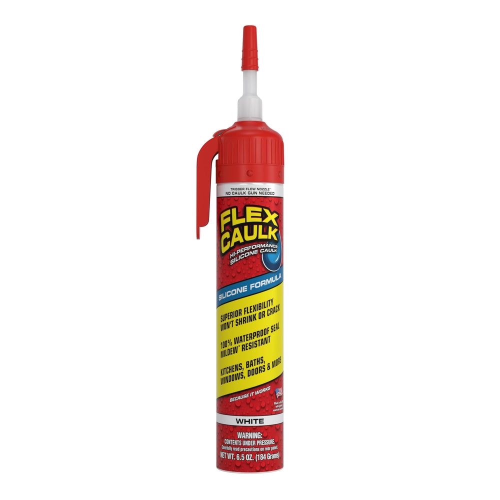 Flex Seal front packaging showing 6.5 oz white cartridge and branding for clear identification and benefit