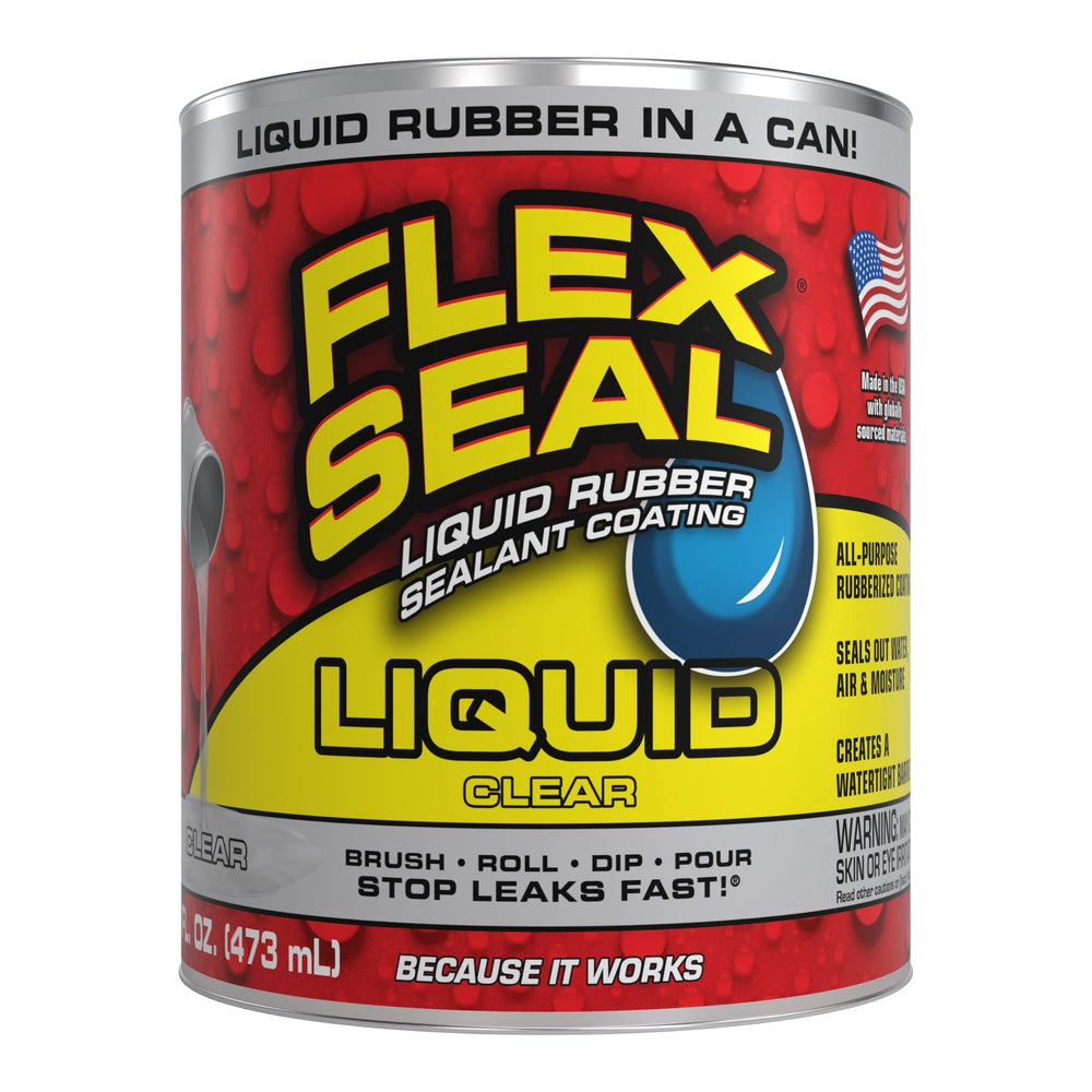 Flex Seal Liquid front can clear 16 oz showing label and benefit of waterproofing