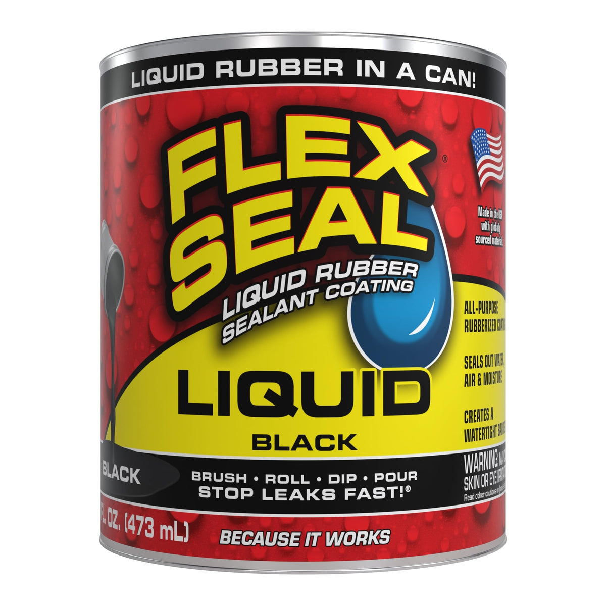 Flex Seal Liquid front can showing label and size, clear product identification and benefit