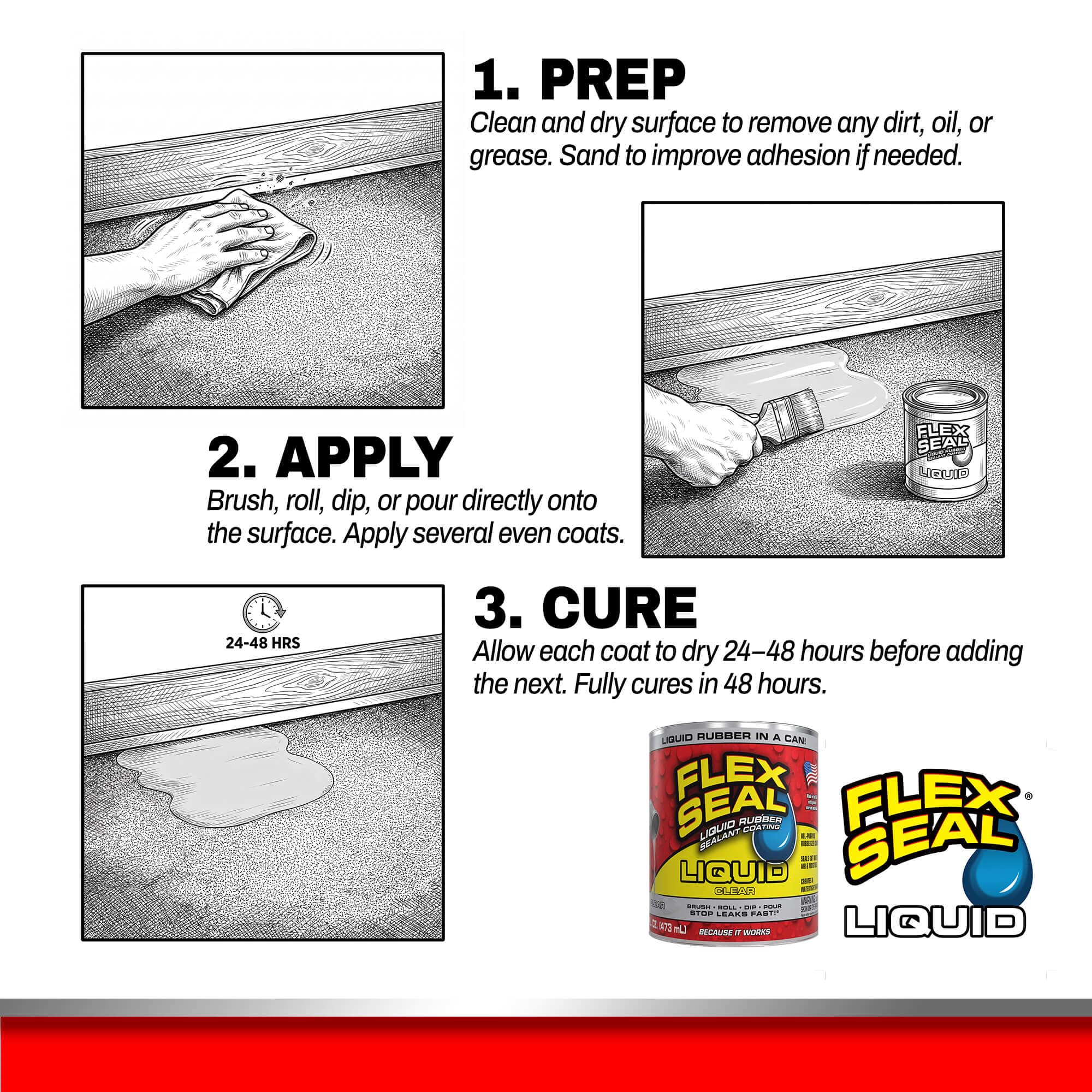 Flex Seal Liquid size comparison with hand showing compact 16 oz portability and convenience