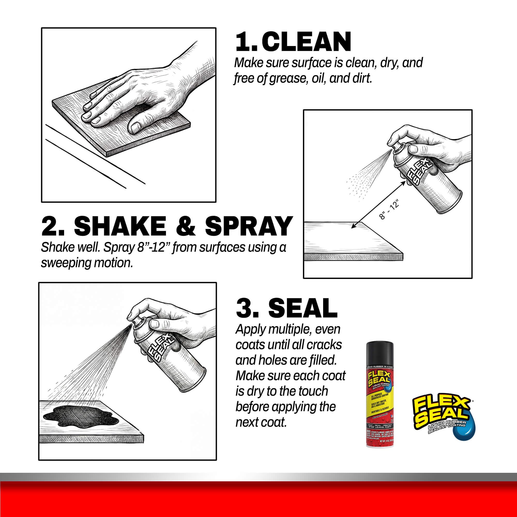 Flex Seal side label with instructions highlighting product features and safe use benefits