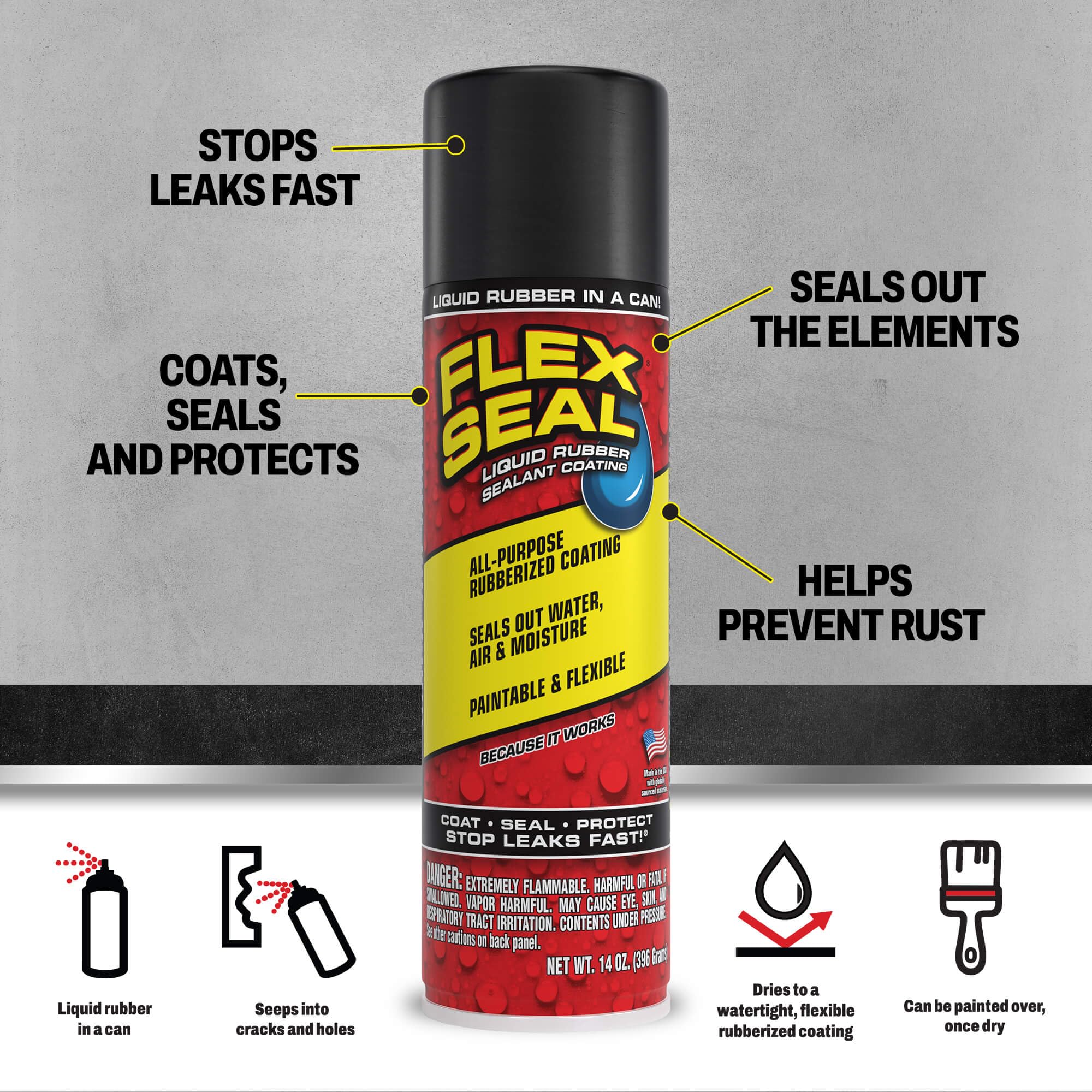 Flex Seal spraying in action sealing a seam to quickly stop leaks and create waterproof coating