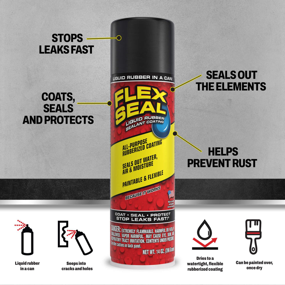 Flex Seal spraying in action sealing a seam to quickly stop leaks and create waterproof coating