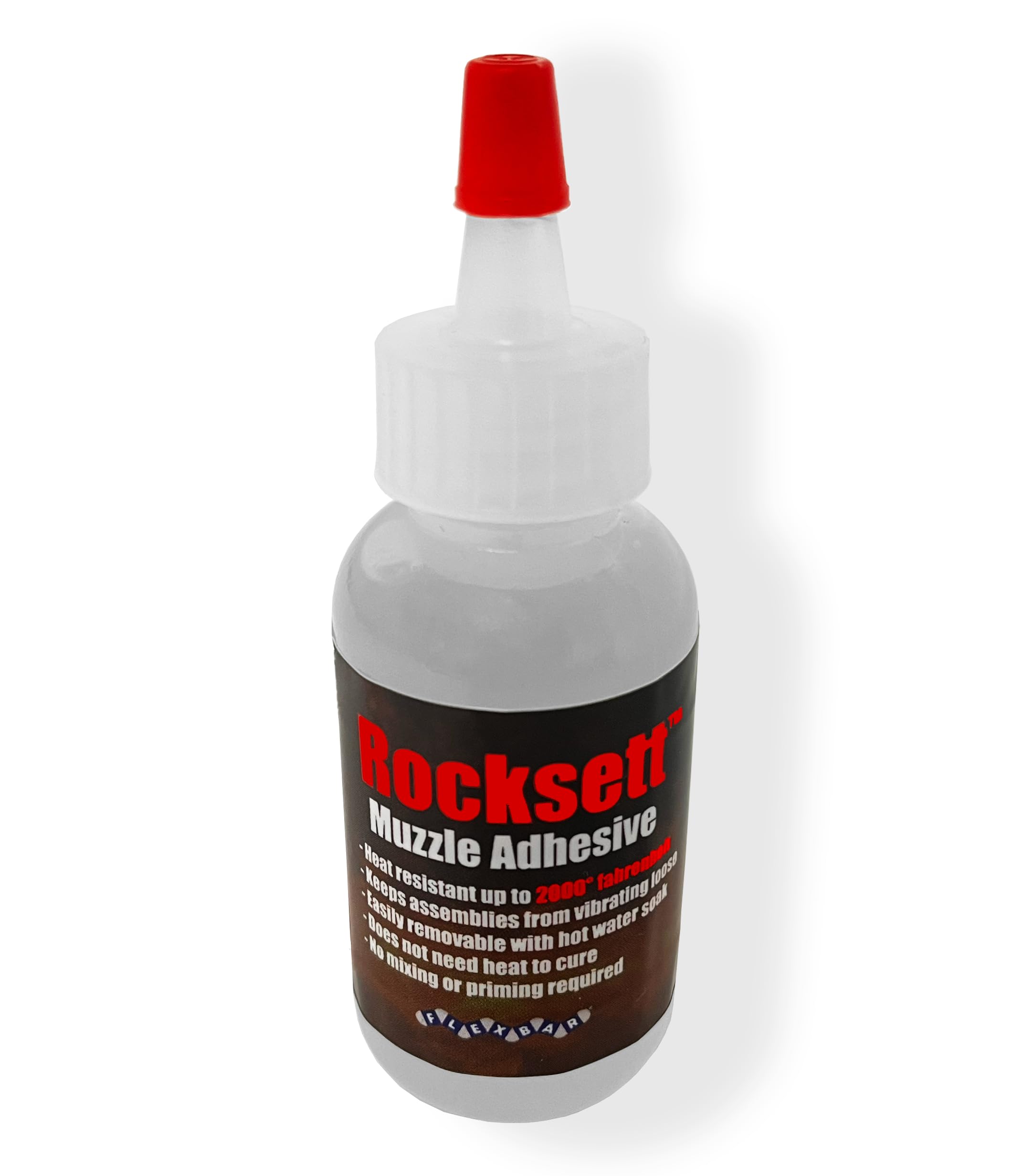 Flexbar Rocksett muzzle adhesive front bottle showing label and 1oz size for clear identification and easy selection