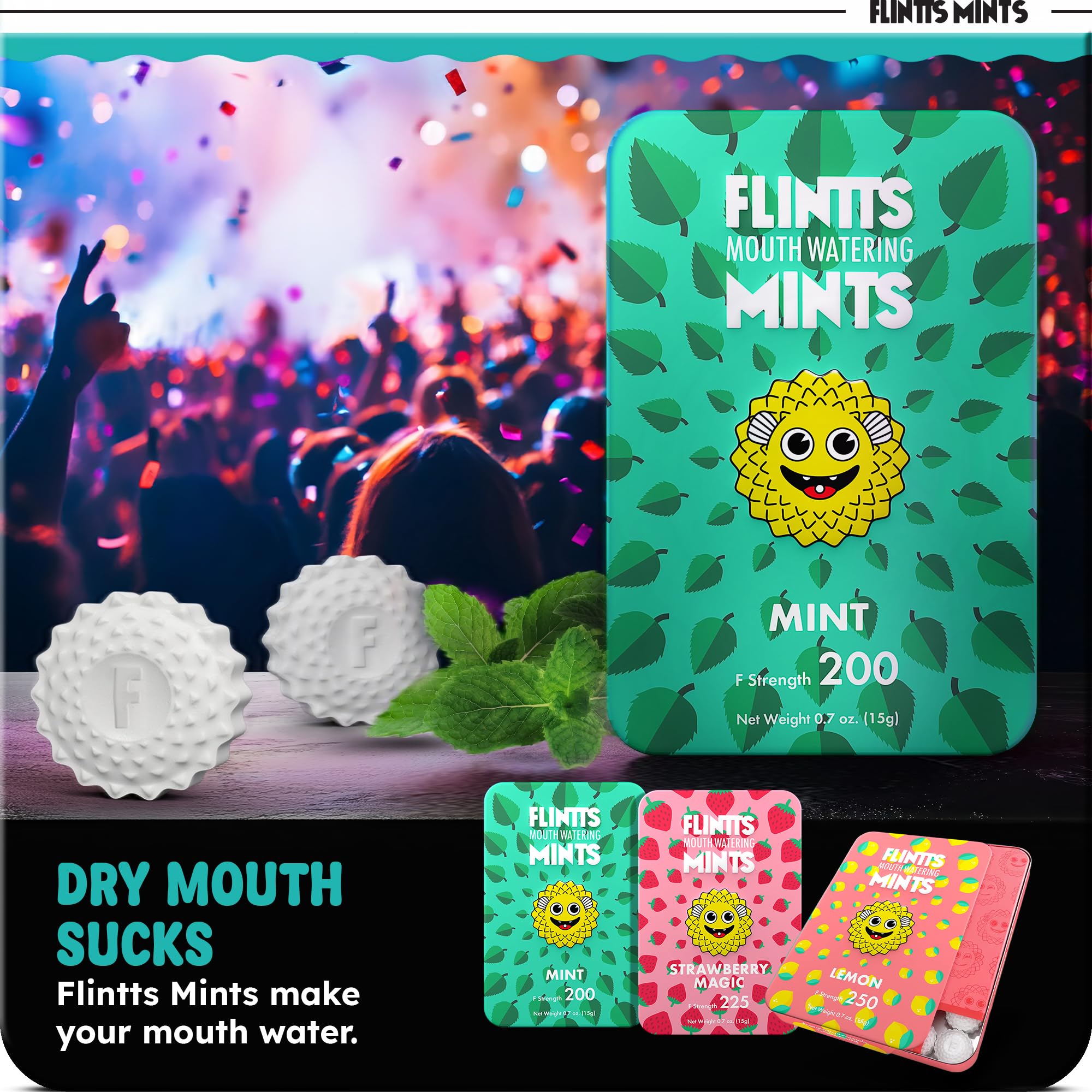 Flintts mint lozenge close-up texture highlighting fast dissolving benefit