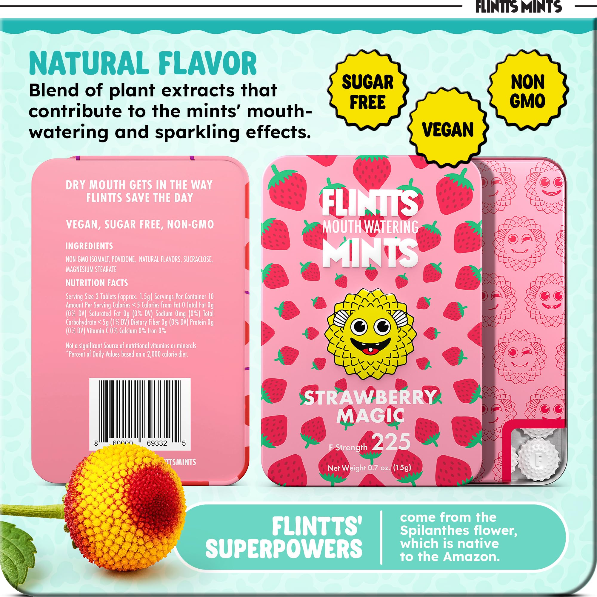 Flintts pack label showing vegan non-GMO and plastic-free advantages
