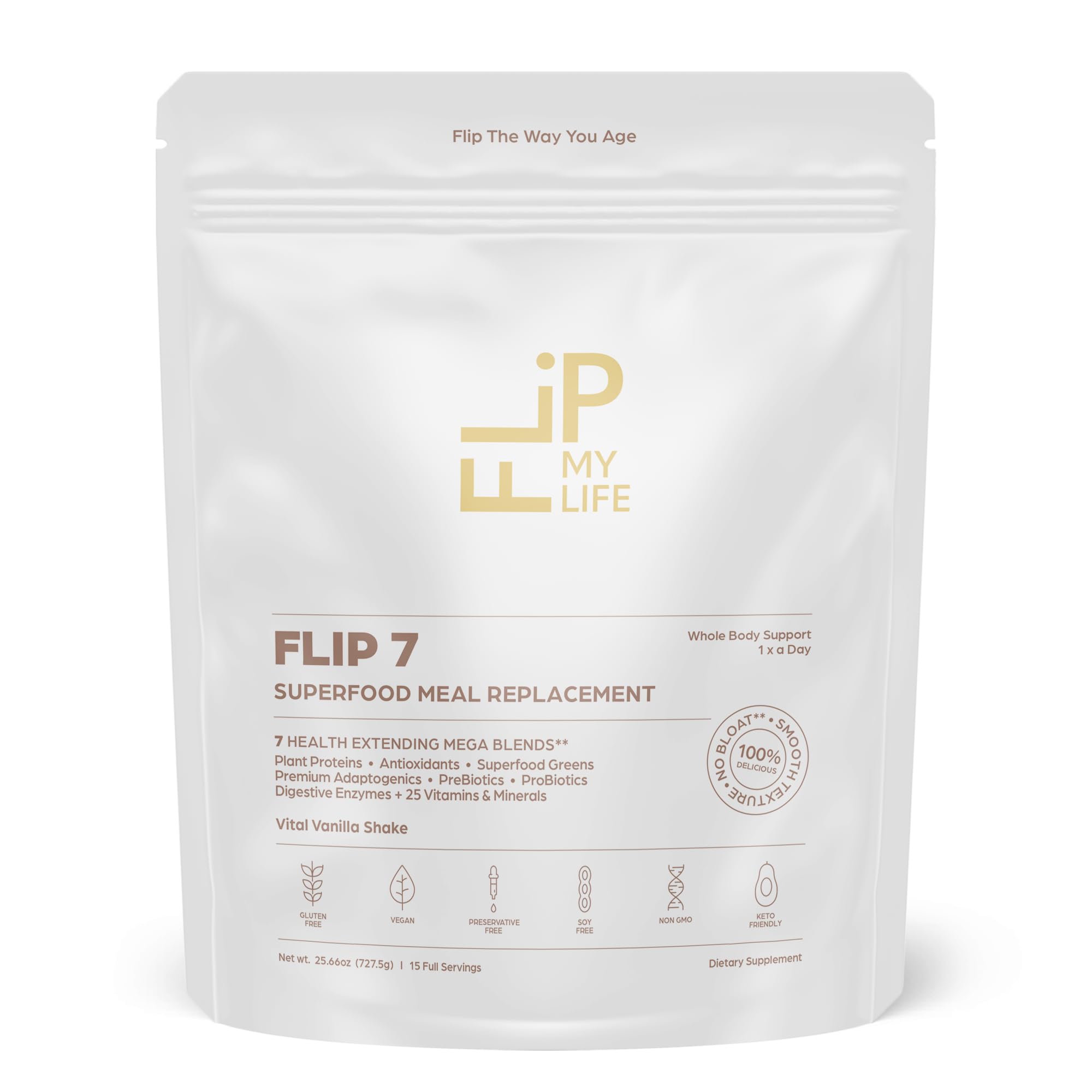 Flip My Life front packaging showing vanilla meal replacement benefits