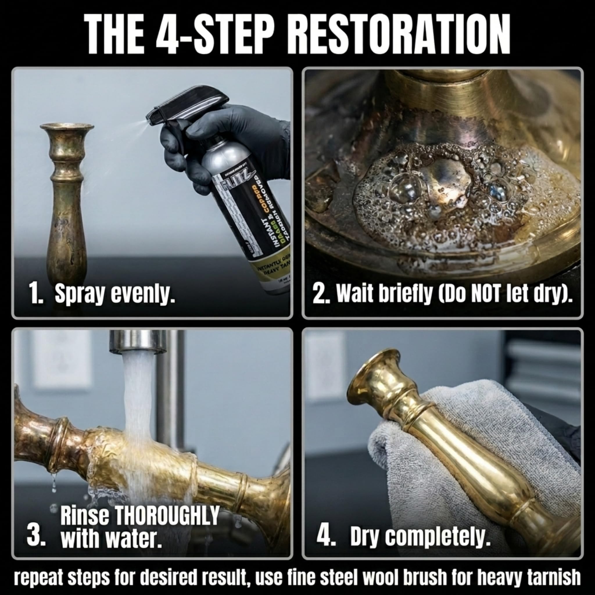 FLITZ removing tarnish from a brass doorknob showing rapid restoration benefit