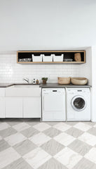 FloorPops Bonneville Beige tile edge detail showing .06-inch depth and permanent adhesive backing benefit