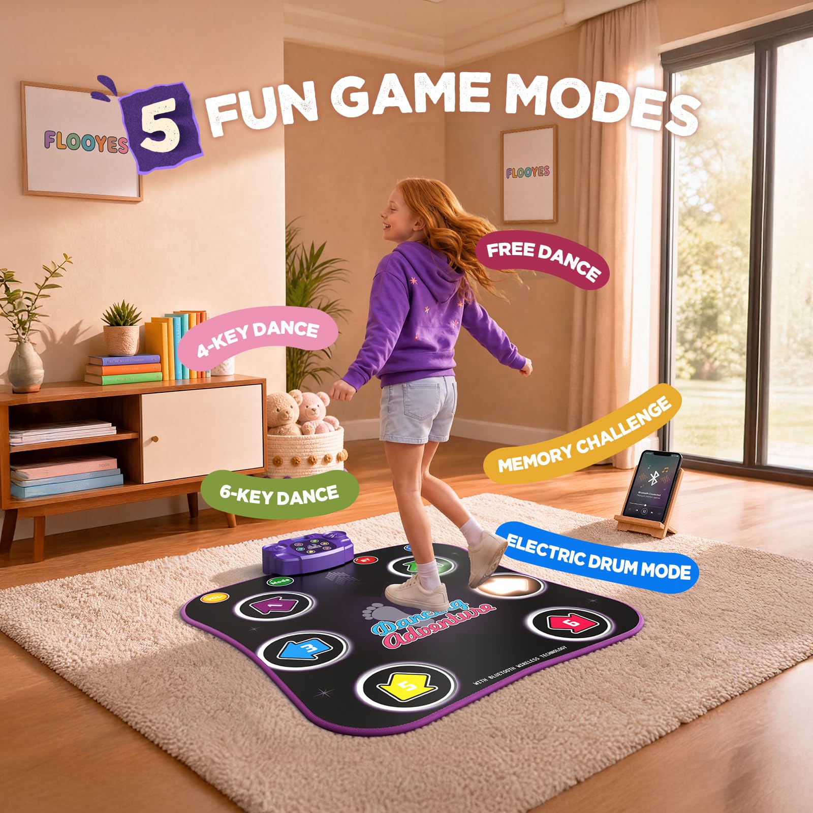Flooyes mat connected to smartphone via Bluetooth, allows custom music playback