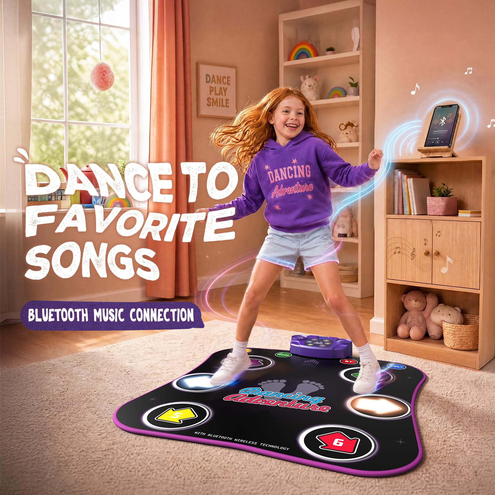 Flooyes close-up of glowing arrow pads and texture, highlights responsive stepping surface
