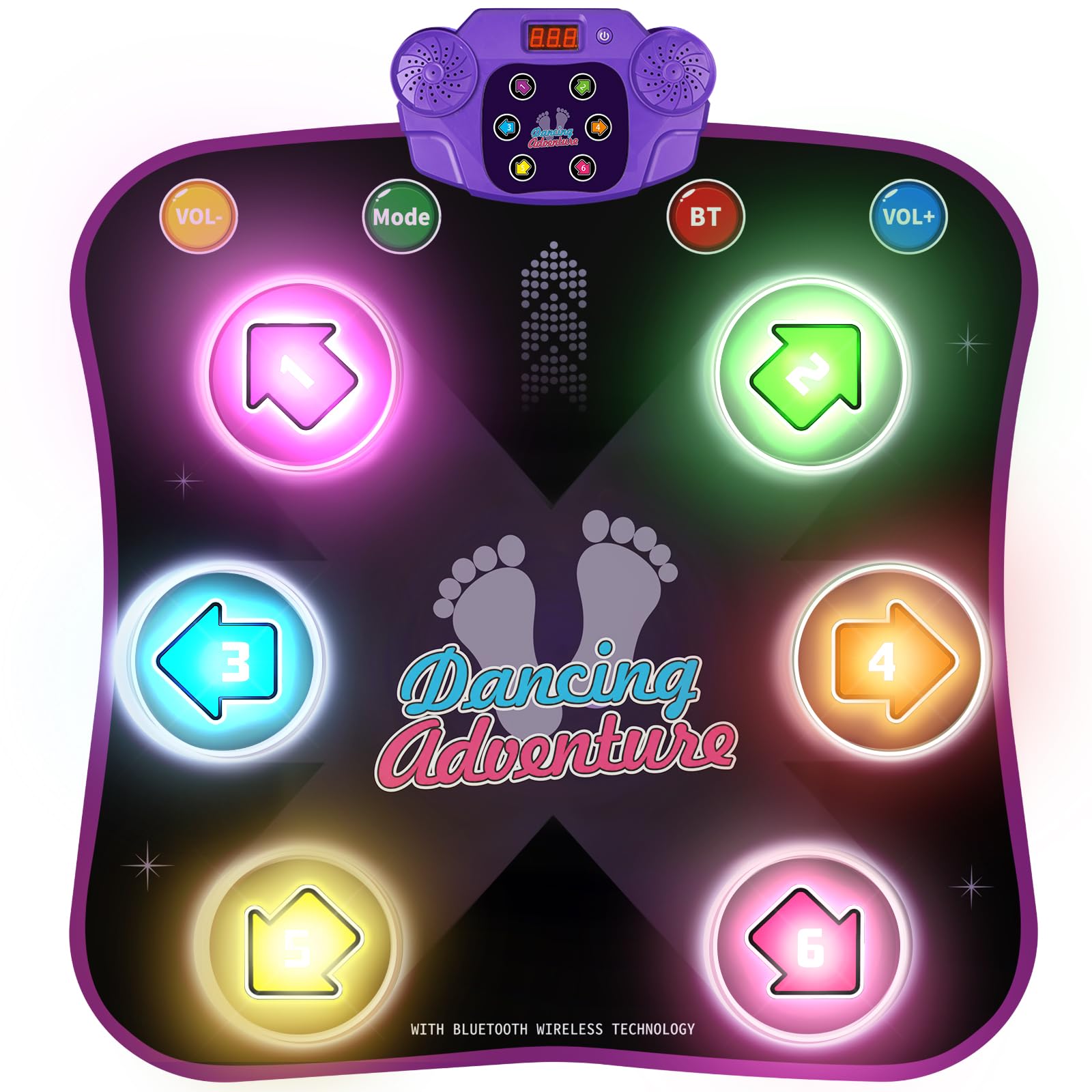 Flooyes front view of light-up dance mat showing arrows and buttons, promotes active play