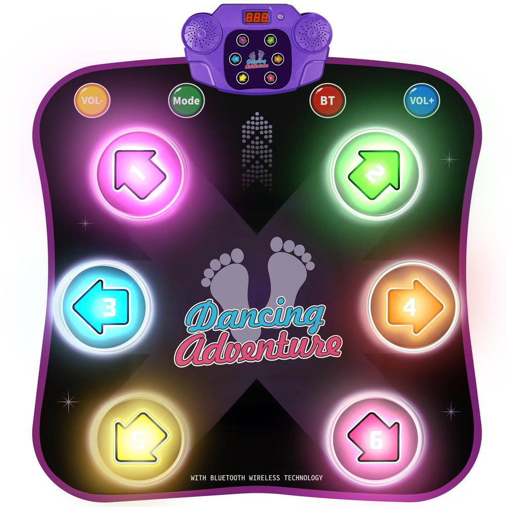 Flooyes front view of light-up dance mat showing arrows and buttons, promotes active play