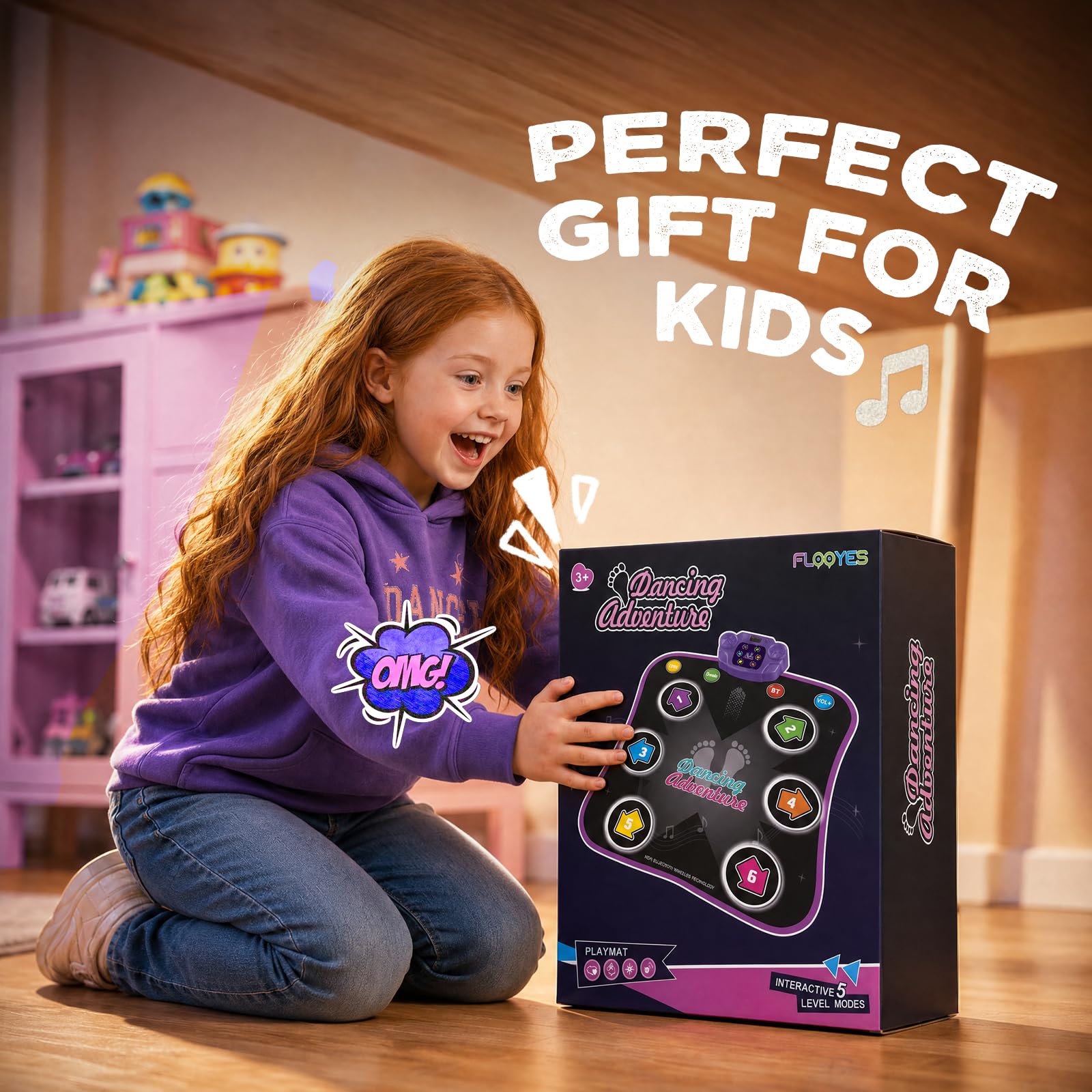 Flooyes lifestyle scene with children dancing on mat, encourages energetic group play