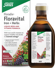 Floradix bottle front showing brand and easy-to-take liquid benefit