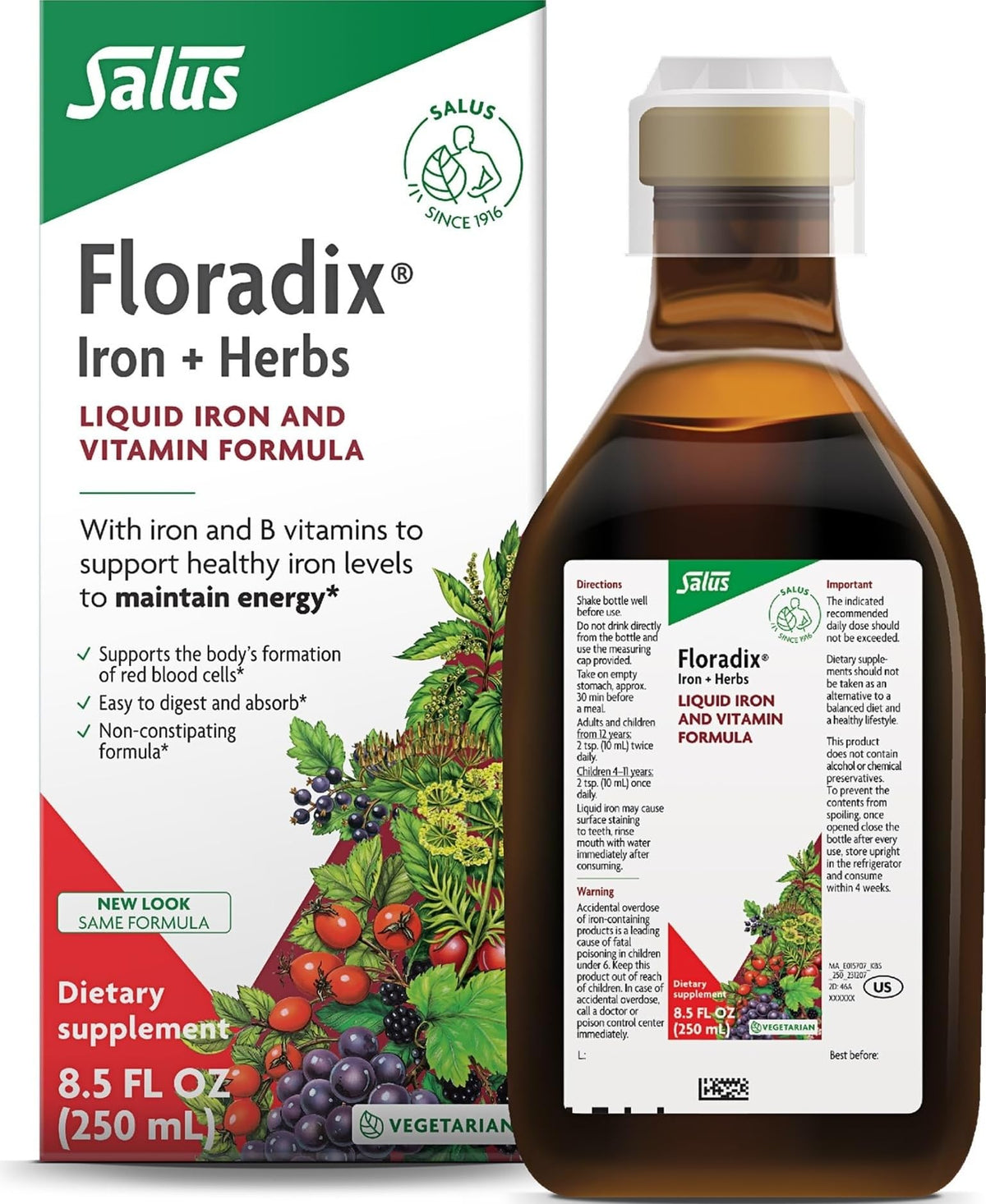 Floradix front packaging showing bottle and box, clear identification and benefit