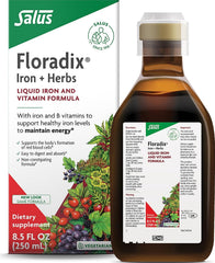 Floradix front packaging showing bottle and box, clear identification and benefit