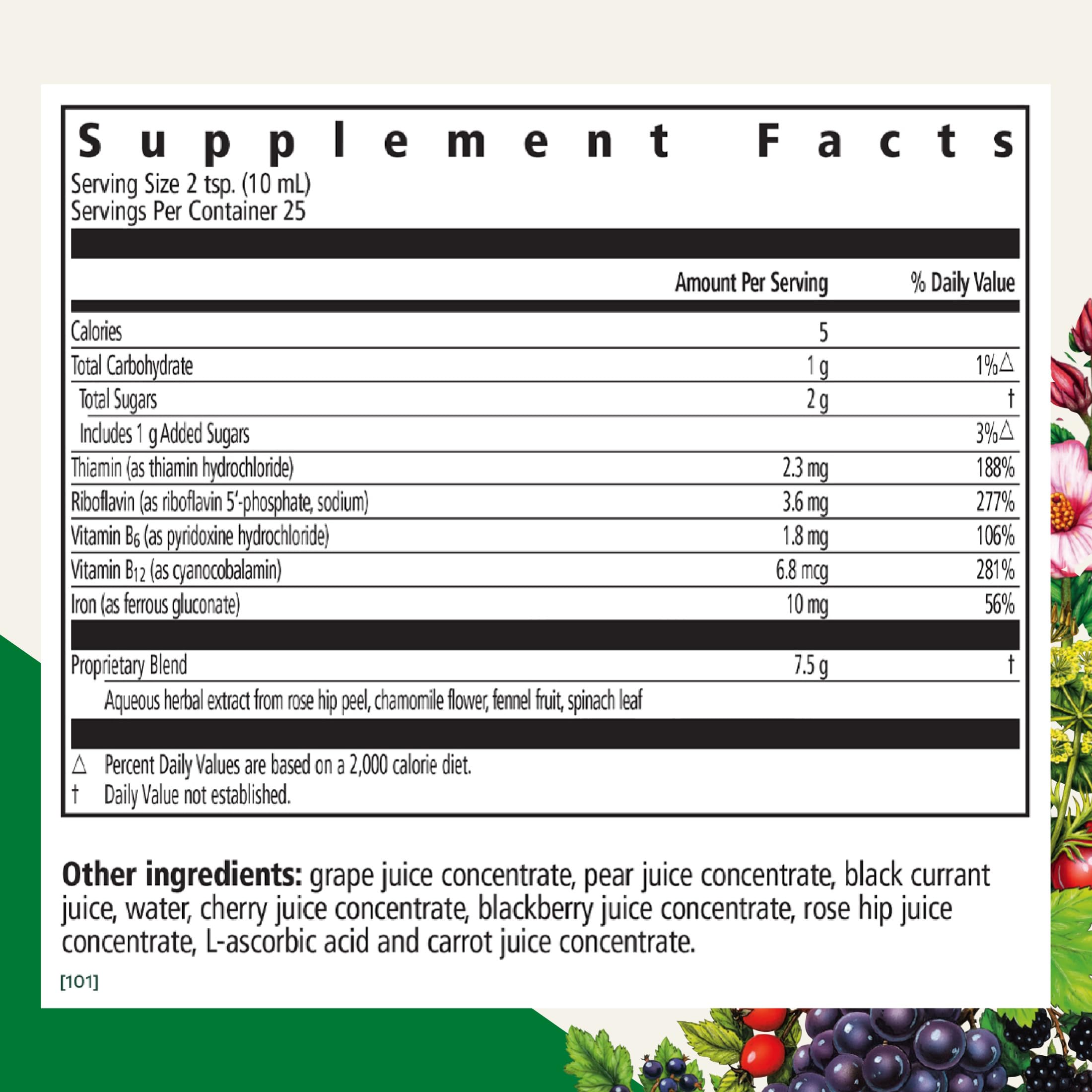 Floradix label closeup highlighting ingredients and purity-tested benefit