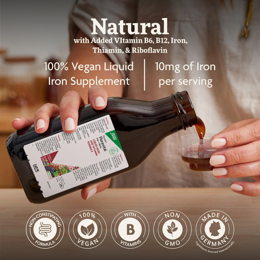 Floradix poured into spoon illustrating precise dosing and convenience