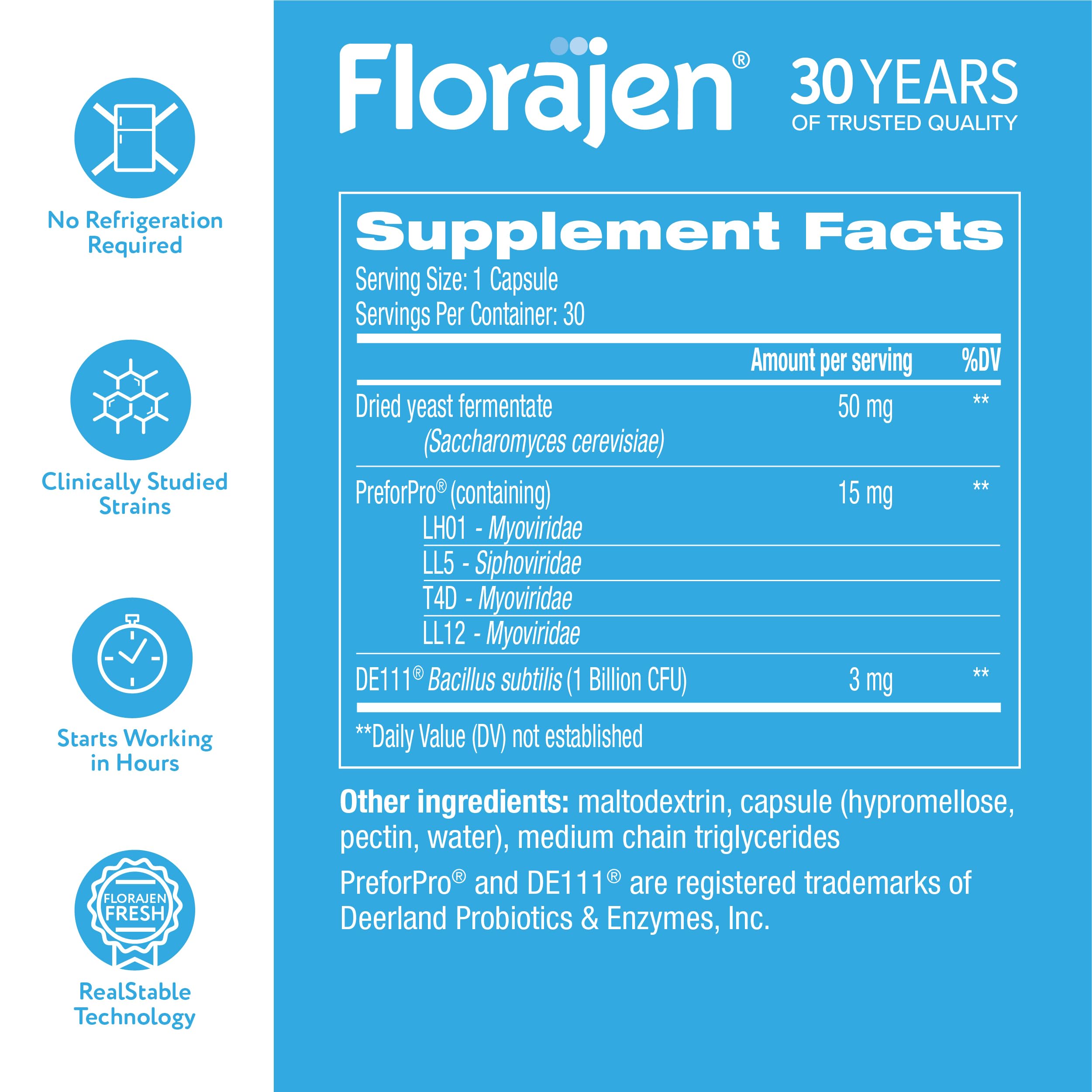 Florajen clean-ingredient badges emphasizing vegan and allergen-free benefit